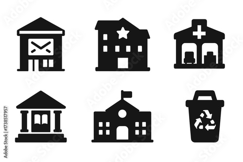 Local Services Icons. Solid, filled icon set of local services: post office, police station, fire station, hospital, library, school, town hall, recycling bin.
