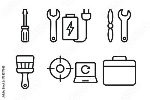 Drone Tool Icons. Outline icon set of command drone maintenance tools: screwdriver, wrench, battery charger, propeller replacement, cleaning brush, calibration