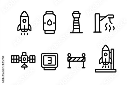 Rocket Launch Icons. Outline icon set of launch pad: rocket, fuel tank, control tower, ignition system, satellite, countdown timer, safety barrier, launch
