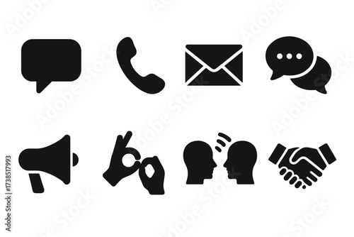 Communication Icons Set. Solid, filled icon set of companion communication: speech bubble, call icon, letter, chat, megaphone, sign language, telepathy,