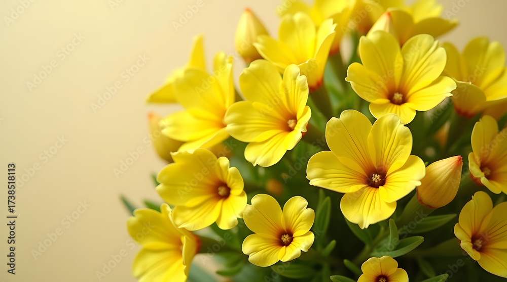 Fototapeta premium A vibrant bouquet of bright yellow flowers against a soft yellow background, exuding warmth and cheerfulness.