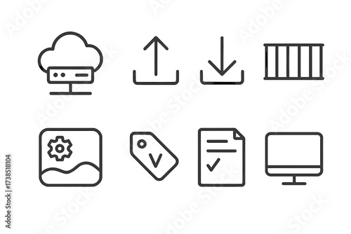 Software Deployment Icons. Outline icon set of software deployment: cloud server, upload arrow, download arrow, container, environment settings, version tag,