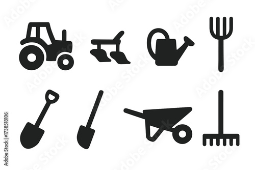 Agriculture Tool Icons. Solid, filled icon set of agriculture tools: tractor, plow, watering can, pitchfork, shovel, hoe, wheelbarrow, rake. [Line icons in