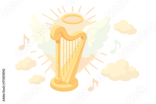 Angelic Harp Icon. Isometric vector illustration set Angelic Harp Symbol: harp with glowing aura, angel wings beside, radiant