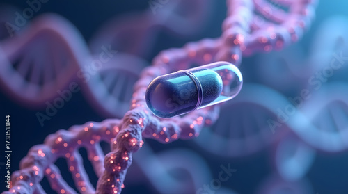 A transparent capsule resting on a vibrant DNA strand, symbolizing the intersection of medicine and genetics.
