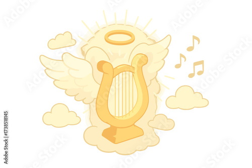 Angelic Harp Icon. Isometric vector illustration set Angelic Harp Symbol: harp with glowing aura, angel wings beside, radiant