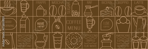 Geometric seamless coffee pattern, simple line design. Coffee shop icons, coffee cup, coffee machine, coffee beans, types of coffee