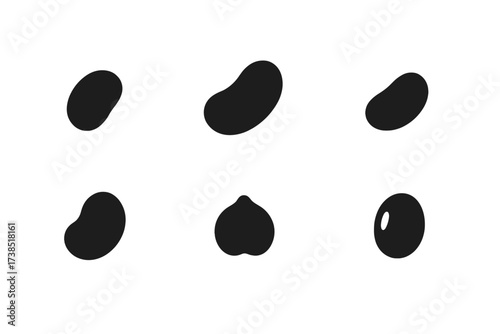 Bean Icon Set. Solid, filled icon set of common beans: black bean, kidney bean, navy bean, pinto bean, lima bean, mung bean, chickpea, soy bean. [Line icons in