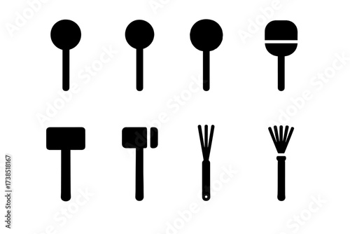 Timpani Mallets Icons. Solid, filled icon set of timpani mallets: soft mallet, hard mallet, yarn mallet, felt mallet, wooden mallet, rubber mallet, switch