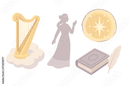 Mythology and Harp. Isometric vector illustration set Mythology and Harp: harp standing on cloud, goddess figure silhouette,