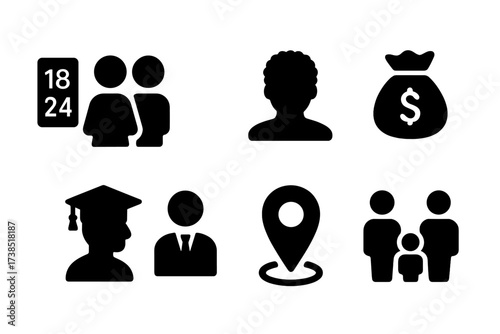 Audience Demographics Icons. Solid, filled icon set of audience demographics: age group, gender, ethnicity, income, education, occupation, location, family