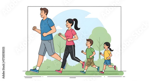 A family enjoying a healthy lifestyle by jogging together outdoors in a park, promoting fitness and well-being