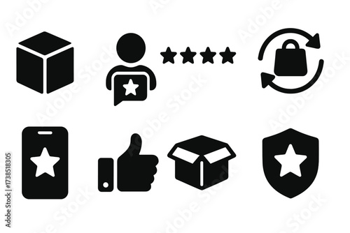 Brand Loyalty Icons. Solid, filled icon set of brand loyalty visuals: product box, customer review, star rating, repeat purchase, loyalty app, like icon,