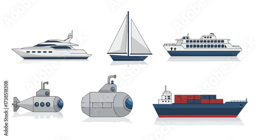Diverse Collection of Watercraft Vessels Yacht Sailboat Ferry Submarines and Cargo Ship Isolated Vector Illustrations