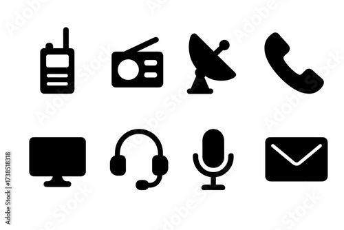 Agency Communication Icons. Solid, filled icon set of agency communication: walkie-talkie, radio, satellite dish, phone, computer, headset, microphone, letter.