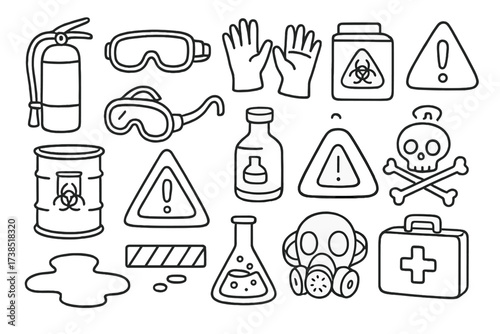 Safety Equipment Doodles. Hand-drawn doodle illustration Hazard control and safety equipment fire extinguisher, safety goggles, protective gloves, gas mask,