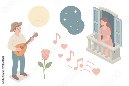 Romantic Night Serenade. Isometric vector illustration set Romantic Serenade with Mandolin: musician under balcony, glowing moon