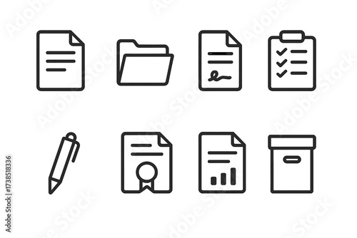 Legal Document Icons. Outline icon set of chamber documents: legal paper, folder, contract, checklist, pen, certificate, report, archive box. Line icons in