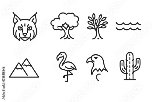 Spanish Nature Icons. Outline icon set of Spanish nature and wildlife: iberian lynx, cork oak, olive tree, Mediterranean sea, mountain, flamingo, eagle,