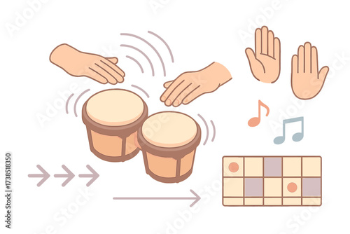 Bongo Percussion Techniques. Isometric vector illustration set Hand Percussion Technique: two hands striking bongo heads,