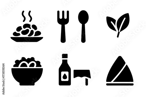 Steamed Beans Icon Set. Solid, filled icon set of steamed beans serving: plate with beans, fork, spoon, garnish leaves, salad bowl, sauce bottle, dining table,
