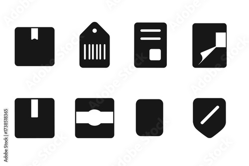 Package Icon Grid. Solid, filled icon set of package banderol: sealed banderol, barcode tag, shipping label, adhesive strip, product band, parcel sticker,
