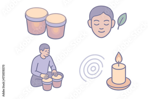 Meditation Drumming Vibes. Isometric vector illustration set Meditation Drumming: bongos glowing softly, person sitting