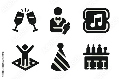 Party Icon Set. Solid, filled icon set of pour party and events: clinking glasses, celebration toast, bartender silhouette, neon sign, music note, dance floor,