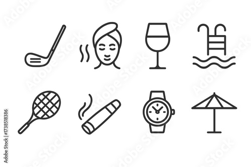 Elite Leisure Icons. Outline icon set of elite leisure: golf club, spa, wine glass, swimming pool, tennis racket, cigar, luxury watch, sun umbrella. Line icons