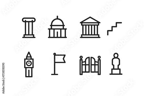 Chamber Icon Set. Outline icon set of chamber architecture: columns, dome, building facade, stairs, clock tower, flagpole, gates, statue. Line icons in only