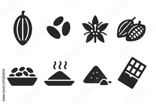 Cocoa Bean Icons. Solid, filled icon set of cocoa beans: cocoa pod, cocoa beans, cocoa flower, harvested pods, drying beans, roasting beans, cocoa powder,