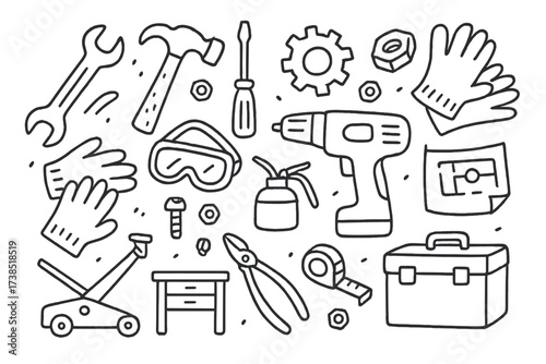 Mechanical Workshop Tools. Hand-drawn doodle illustration mechanical workshop wrench, hammer, screwdriver, gear, nuts and bolts, drill, pliers, workbench,