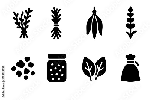 Herb Icon Set. Solid, filled icon set of dried herbs: bundled thyme, tied rosemary, hanging sage, dried lavender, crushed oregano, herb jar, dried basil,