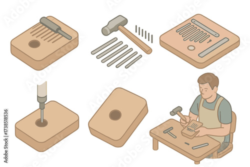 Kalimba Craft Process. Isometric vector illustration set Kalimba Craftsmanship: wooden block carving, tuning hammer tool, metal