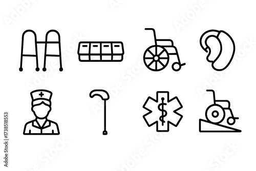 Elder Care Icons. Outline icon set of elder care: walker, pill organizer, wheelchair, hearing aid, nurse, cane, medical alert, wheelchair ramp. Line icons in