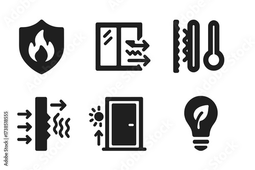 Thermal Insulation Icons. Solid, filled icon set of thermal insulation: heat shield, insulated window, thermal barrier, temperature gauge, heat flow, radiant
