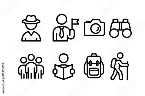 Ruin Visitor Icons. Outline icon set of ruin visitors and guides: explorer, tour guide, camera, binoculars, group, map, backpack, walking stick. Line icons in