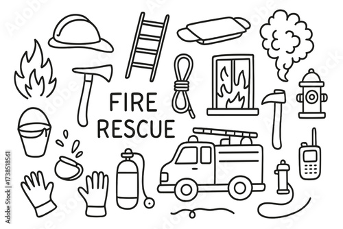 Fire Rescue Doodles. Fire rescue. Hand-drawn doodle illustration fire rescue firefighter helmet, ladder, stretcher, fire truck, smoke, flames, rescue rope,