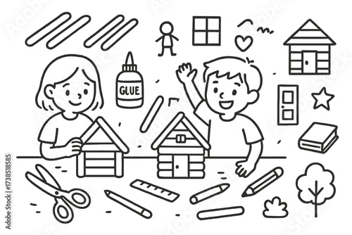 Kids Crafting with Sticks. Hand-drawn doodle illustration Kids building popsicle stick houses popsicle sticks, glue bottle, scissors, ruler, pencil, small