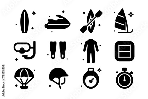 Water Sports Icons. Water sports. Solid icons set of water sports: surfboard, jet ski, kayak, paddle, windsurf sail, diving mask, flippers, wetsuit, raft,