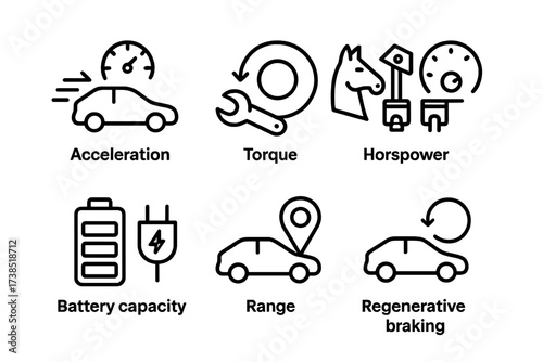 Electric Car Icons. Outline icon set of electric car performance: acceleration, torque, horsepower, top speed, battery capacity, energy consumption, range,