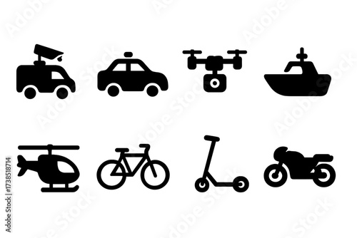 Surveillance Transport Icons. Solid, filled icon set of surveillance transportation: security vehicle, patrol car, drone, boat, helicopter, bicycle, electric