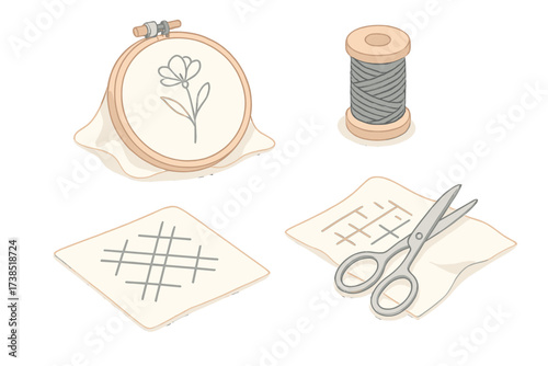 Minimalist Embroidery Art. Isometric vector illustration set Modern Minimalist Embroidery: hoop with simple line art flower,