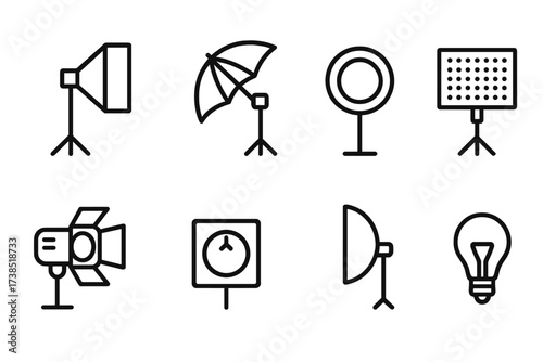 Photography Lighting Icons. Outline icon set of photography lighting: softbox, umbrella light, ring light, LED panel, spotlight, dimmer, reflector, light bulb.