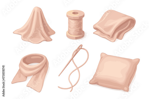Luxury Silk Crafting. Isometric vector illustration set Luxury Silk Fabric: smooth fabric draped folds, glowing sheen, spool of
