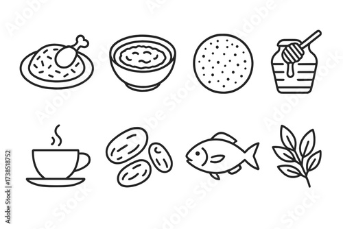 Yemeni Cuisine Icons. Outline icon set of Yemeni cuisine: Mandi rice, Saltah stew, Flatbread (Lahoh), Honey, Coffee cup, Dates, Samak (fish), Fresh herbs. Line