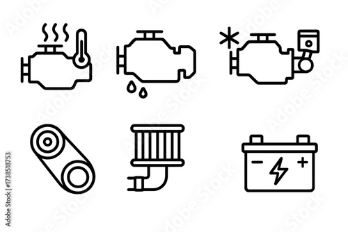 Engine Troubleshooting Icons. Outline icon set of engine troubleshooting: overheating, oil leak, misfire, low compression, timing belt, clogged filter, sensor