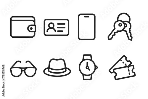 Night Out Essentials. Outline icon set of night out essentials: wallet, ID card, phone, keys, sunglasses, hat, wristwatch, tickets. [Line icons in only black