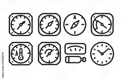 Fighter Jet Instrument Icons. Outline icon set of fighter jet instruments: altimeter, speedometer, compass, fuel gauge, temperature gauge, g-force meter,