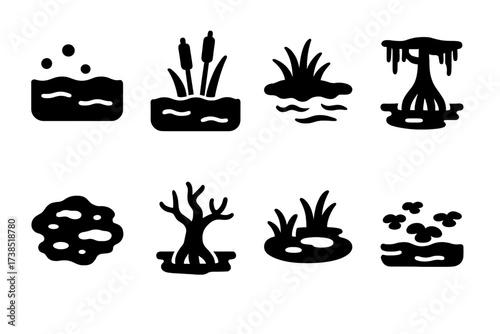 Swamp Icons Grid. Solid, filled icon set of swamp environments: murky water, bog, marshland, cypress grove, mud patch, swamp tree, wetland pool, floating